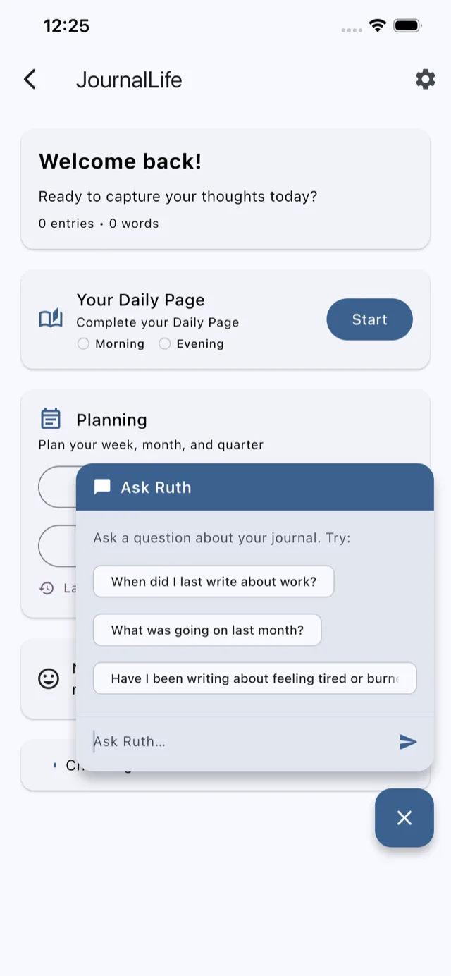 Ask Ruth chat with suggested questions: when did I last write about work, what was going on last month
