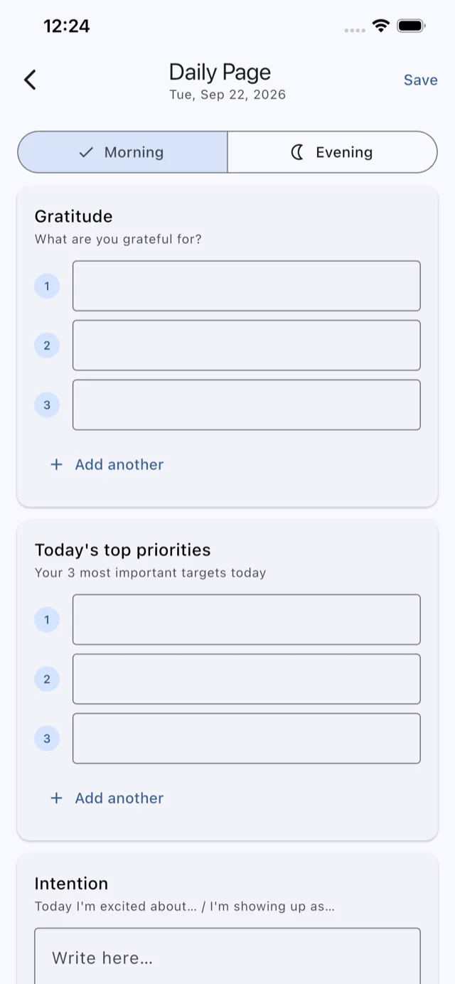 Daily Page, morning: gratitude, today's top priorities, and an intention