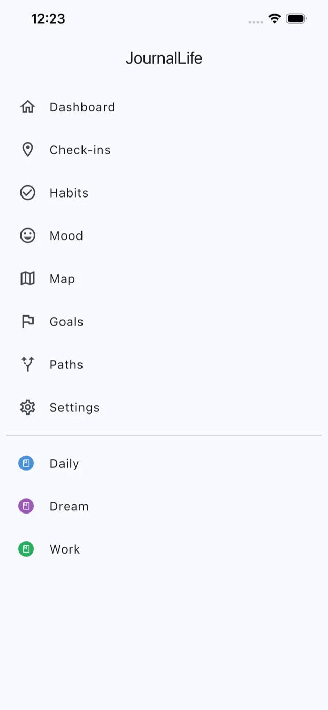 JournalLife menu with Daily, Dream, and Work notebooks