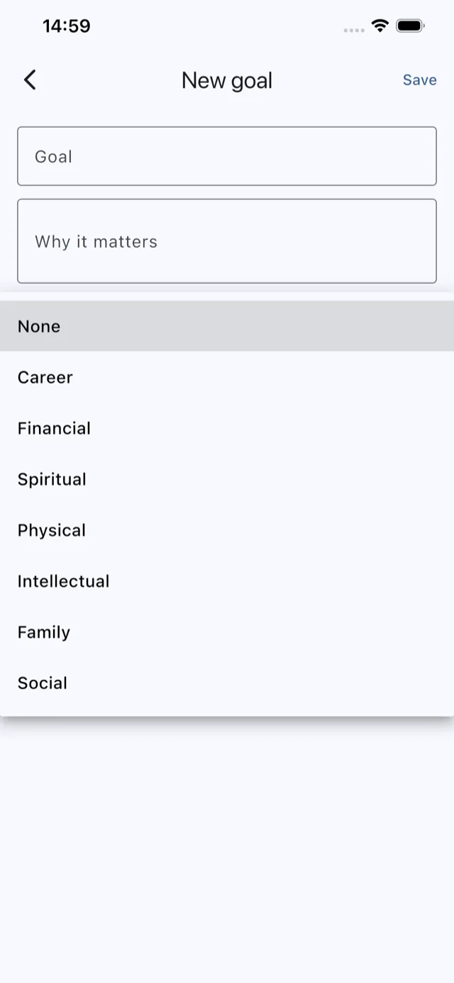 New goal: choose a category from career, financial, spiritual, physical, intellectual, family, and social